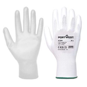 A120 PU Palm Glove in white, featuring a smooth PU coating for abrasion resistance, breathable 13-gauge liner, and palm-dipped design for enhanced dexterity and comfort.