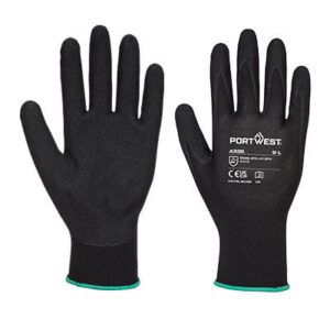 A335 Dermi-Grip NPR15 Nitrile Sandy Glove in black, featuring a 15-gauge polyester liner, breathable seamless design, and nitrile sandy coating for superior grip and dexterity.