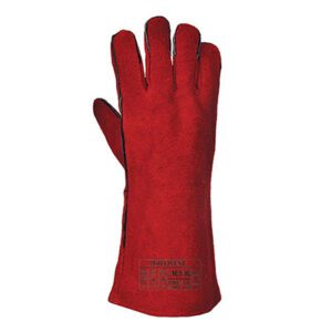 A500 Welders Gauntlet in red, made from durable 14-inch cow split leather with a full cotton liner, providing maximum heat and abrasion resistance for welding and metal handling.