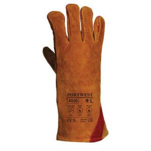 A530 Reinforced Welding Gauntlet in brown, made from premium cow split leather with reinforced palm and thumb areas, para-aramid stitching, and superior heat and abrasion resistance