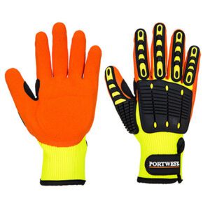 A721 Anti Impact Grip Glove in yellow and orange, featuring TPR pod technology for impact protection and nitrile foam coating for superior grip in wet and dry conditions.