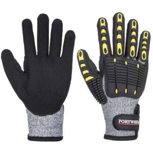 A722 Anti-Impact Cut Resistant Glove in grey and black, featuring TPR pod technology, Level C cut resistance, nitrile foam coating, and reinforced thumb crotch for maximum durability and grip.