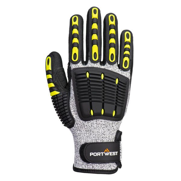 A722 Anti-Impact Cut Resistant Glove in grey and black, featuring TPR pod technology, Level C cut resistance, nitrile foam coating, and reinforced thumb crotch for maximum durability and grip.