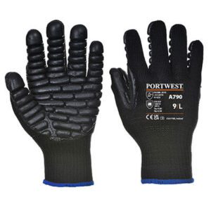 A790 Anti-Vibration Glove in black, featuring a tough 10-gauge liner, rubber chloroprene padding, and seamless breathable design to reduce vibration by 40% and enhance comfort when using power tools.