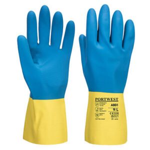 A801 Double Dipped Latex Gauntlet in yellow and blue, featuring a 300mm length, 0.45mm thickness, anti-slip grip, and dual latex coating for superior chemical and industrial protection.