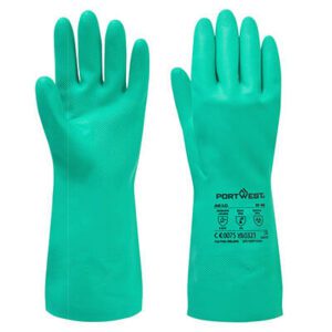 A810 Nitrosafe Chemical Gauntlet in green, featuring a 320mm length, 0.40mm thickness, textured anti-slip grip, and nitrile chemical resistance for industrial and food-safe applications.