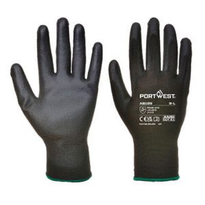 AB129 PU Palm Glove in white, featuring a smooth PU coating for abrasion resistance, a breathable 13-gauge liner, and a palm-dipped design for superior grip. Sold in a 288-pair carton for bulk savings.