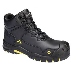 FC18 Composite Action Leather Mid Boot in black and yellow, featuring a heat-resistant outsole (300°C), composite toe protection, ESD-safe properties, slip-resistant PU/Rubber sole, and a water-resistant upper.