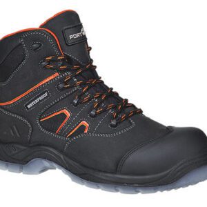 FC57 Portwest Compositelite All-Weather Boot in black, featuring a waterproof membrane, composite toe protection, pierce-resistant midsole, slip-resistant PU/TPU outsole, and shock-absorbing design for all-day comfort.