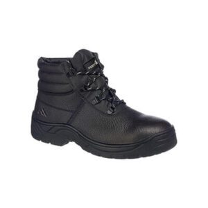 FD03 Steelite Protector Plus Boot in black, featuring a heat-resistant (300°C) nitrile outsole, water-resistant full-grain leather upper, steel toe cap, and padded ankle paneling for comfort and support.