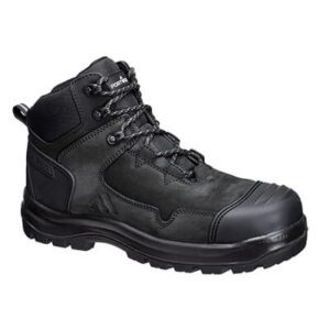 FD04 Composite Nubuck Leather Mid Boot in black, featuring a heat-resistant outsole (300°C), composite toe cap, slip-resistant PU/Rubber sole, water-resistant nubuck leather upper, and a quick-release side zip for easy wear.