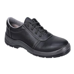 FW43 Steelite Kumo Shoe in black with a water-resistant buffalo leather upper, steel toecap, steel midsole, slip-resistant outsole, and energy-absorbing seat region for safety and comfort at work.