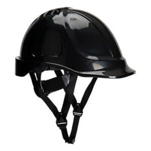 PS55 Endurance Helmet in black with vented ABS shell, featuring a 6-point textile suspension harness and 4-point chin strap for secure and comfortable wear.