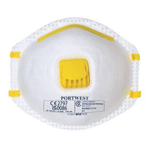 P101 FFP1 Valved Respirator with a high-performance exhalation valve, adjustable nose bar, foam padding, and ultrasonic welded head straps for superior comfort and protection. CE certified.