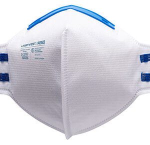 P250 FFP2 Fold Flat Respirator with a compact fold-flat design, adjustable nose clip, ultrasonic welded head straps, and foam padding for superior comfort and protection. Individually wrapped for hygiene.