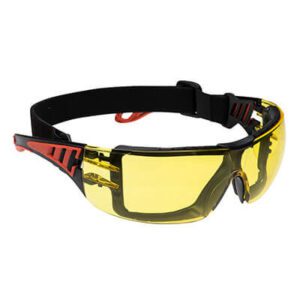 PS11 Tech Look Plus Safety Glasses with a modern wrap-around design, detachable EVA foam gasket, anti-fog and anti-scratch coating, UV protection, and metal-free construction for industrial safety.