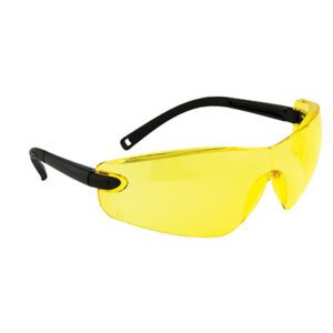 PW34 Profile Safety Glasses with frameless wrap-around design, anti-scratch coating, inclinable side arms, and 99% UV protection for superior eye safety.