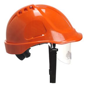 PW55 Endurance Visor Helmet with vented ABS shell, adjustable wheel ratchet, 6-point textile harness, retractable clear visor, and chin strap for superior protection.